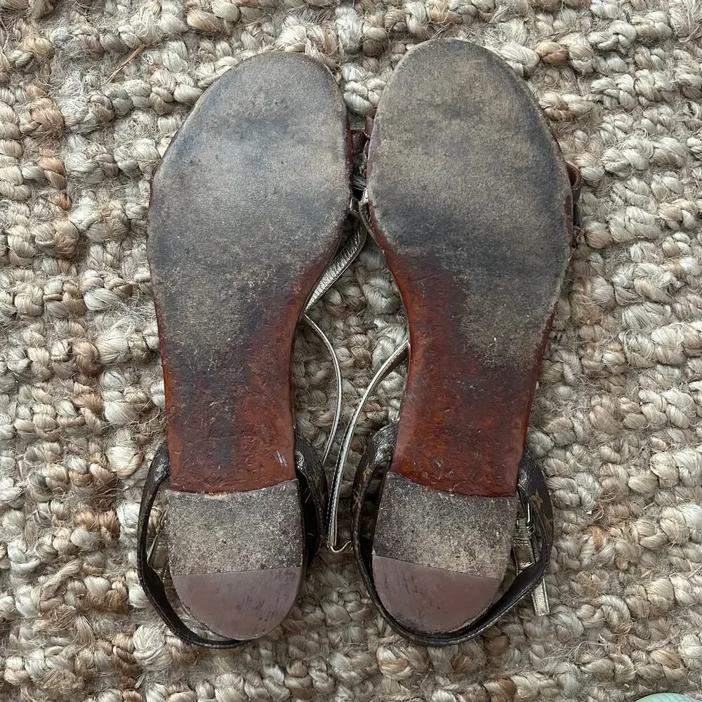 Louis Vuitton Sandals 41/US11 Brown Gold Monogram Strappy READ Repair Project - Picture 11 of 16
